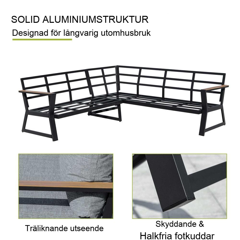 Utemöbler i aluminium för 4 – L-formad soffa, kuddar och sidobord