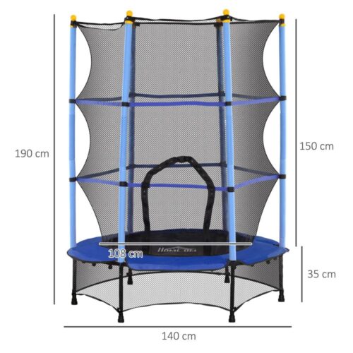 Blå studsmatta för barn, Ø140 cm, skyddsnät och vadderat kantskydd, inomhus/utomhusbruk, 3-10 år