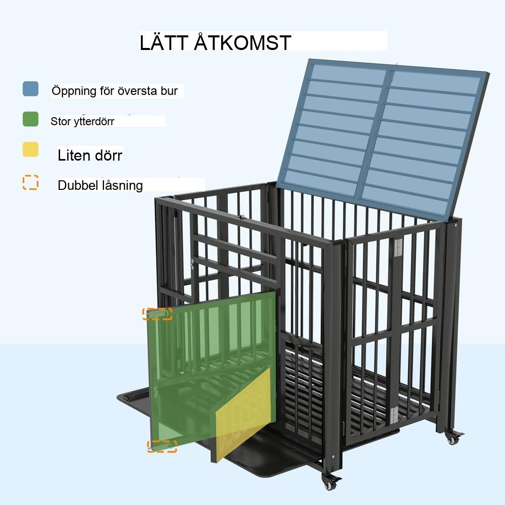 Bärbar hundlåda i stål med hjul, hopfällbar design, svart