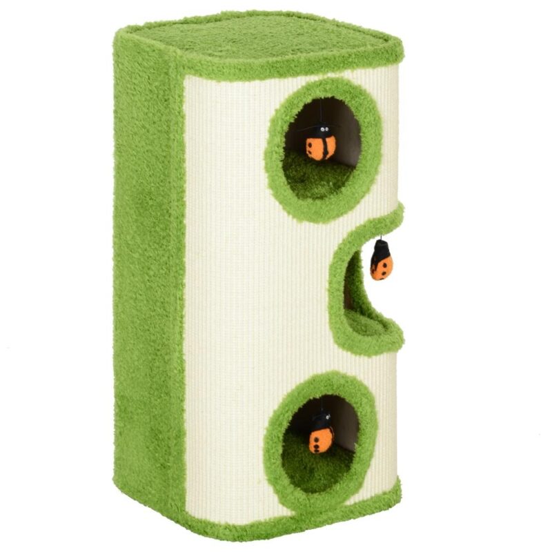 Green+Cream Cat Scratching Barrel Tower med 3 grottor och leksaker