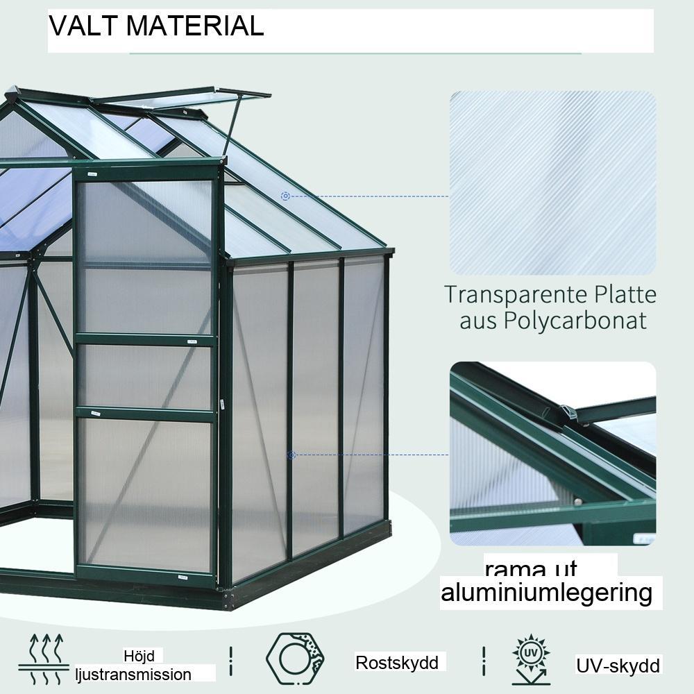 Växthus i aluminium med takfönster, dörr och gångbar grund 190x192cm