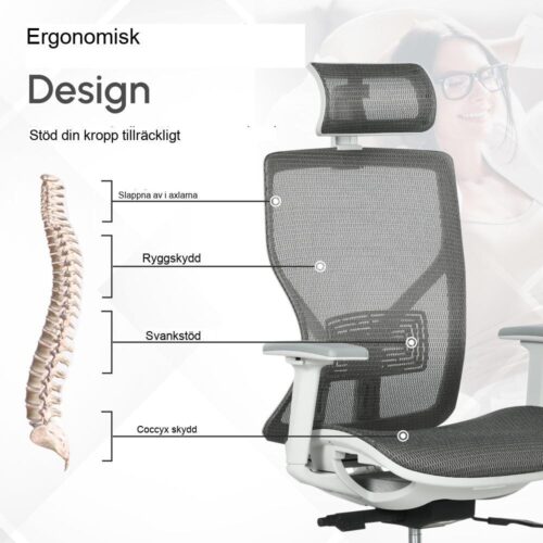 Ergonomisk kontorsstol med justerbart nackstöd och armstöd – Grå