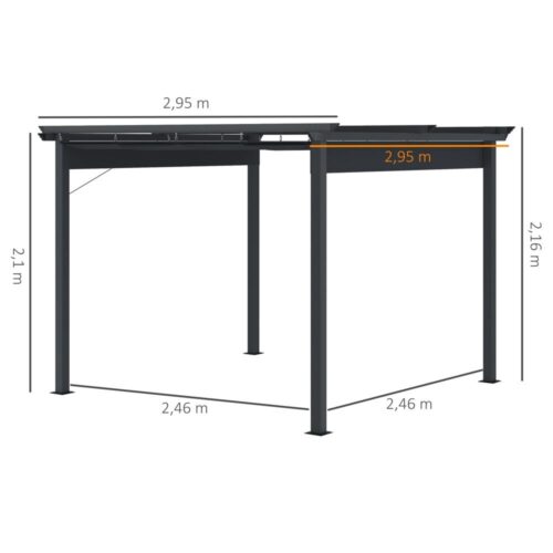 Grå aluminiumpergola med infällbart tak, 3x3m trädgårdslusthus