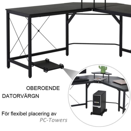 L-format hörnskrivbord med bildskärmsstativ – industristål svart