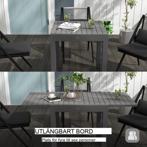 Utdragbart matbord i aluminium för 6, uteplats trädgårdsmöbler