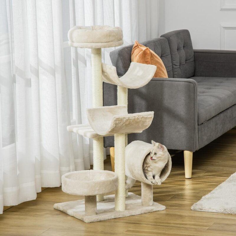 Beige Cat Scratching Post Tower med tunnel och leksaker 50x40x105cm