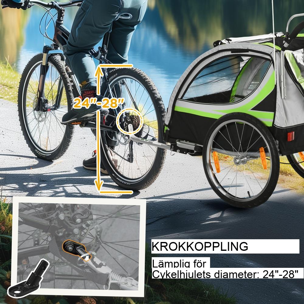 2-i-1 barnvagn för cykelsläp – plats för 2 barn med säkerhetsbälten och luftdäck