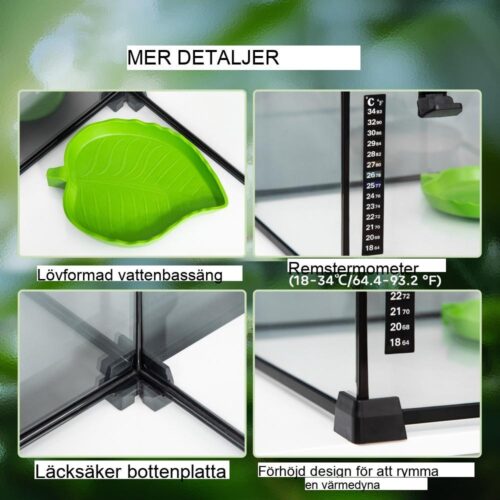 Flysäkert reptilterrarium med termometer – 50x30x25cm