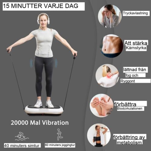 Vibrationsplatta Fitness Device – 99 nivåer, helkroppsträning, 2 band, 120 kg kapacitet