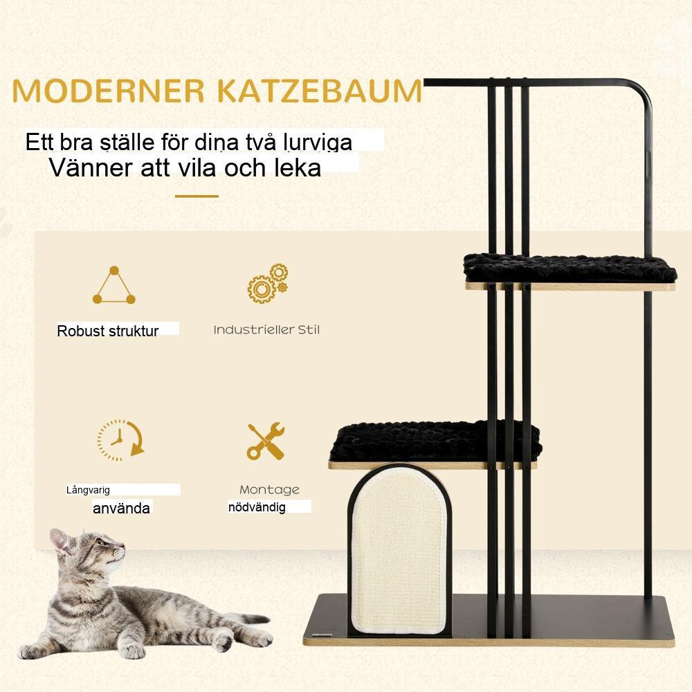 Svart 128 cm kattträd med kuddar, plattformar och sisal-skrapstolpe