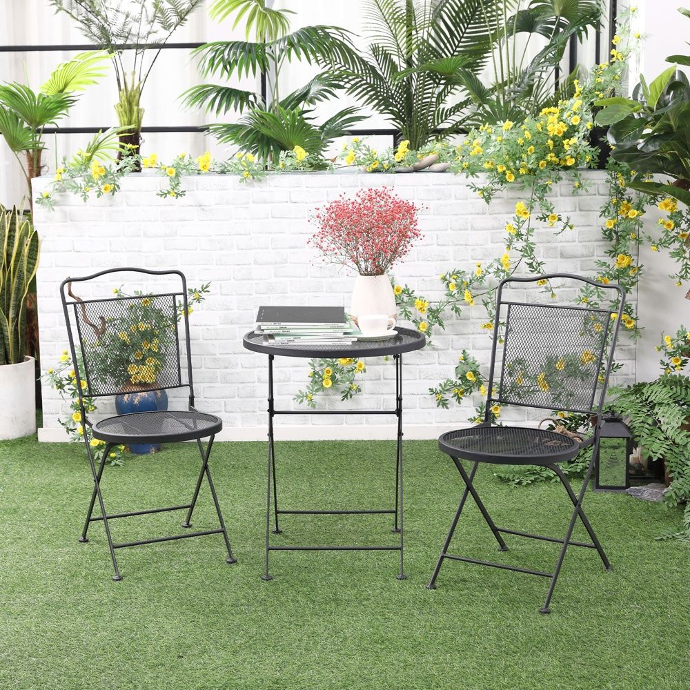 Black Metal Garden Bistro Set för 2 – Fällbart uteplatsbord och stolar