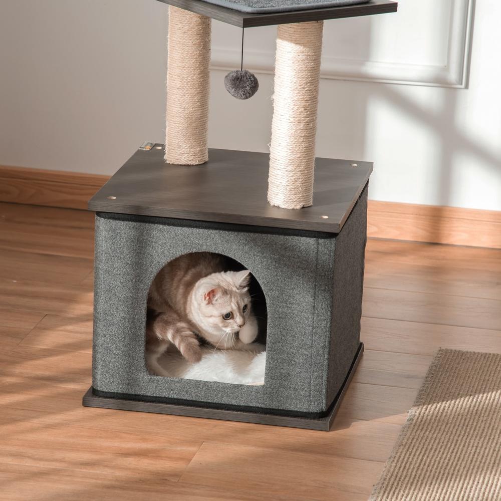 Multi-Level mörkgrå Sisal Cat Scratching Post med lägenhet, bollar och säng