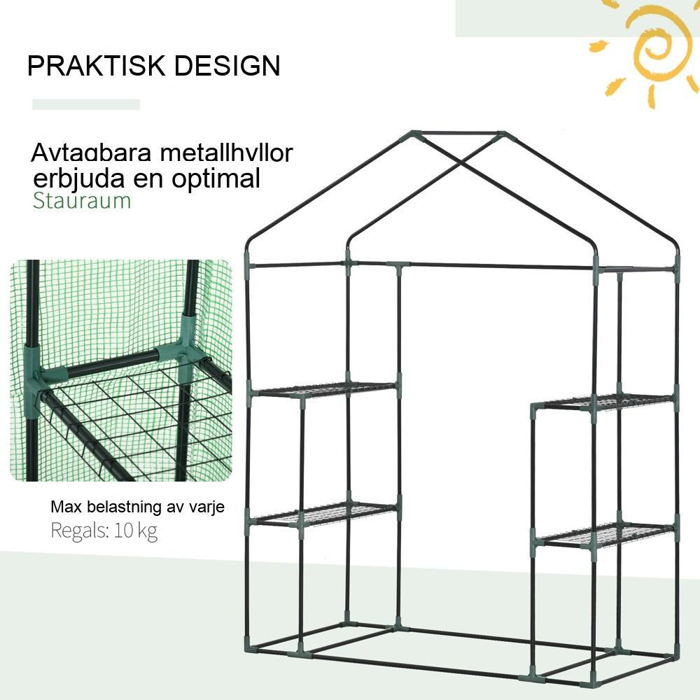 Walk-in växthus med hyllor, rulldörr, stålram för växter