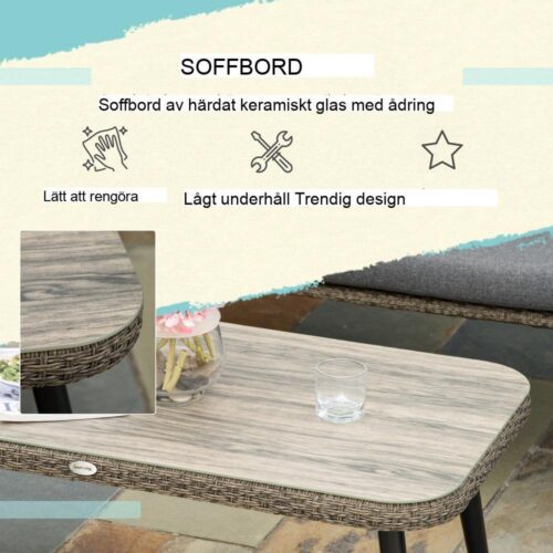 Trädgårdsmöbler i polyrattan för 4 – soffa, bord och kuddar, brun/grå