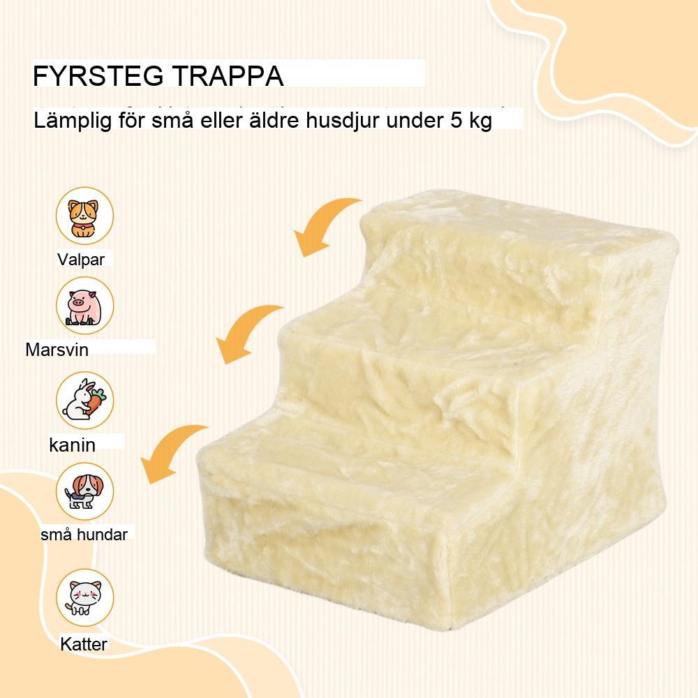 Beige plyschtrappa för husdjur – 3-stegs katt- och hundsteg för bäddsoffa (upp till 4,5 kg)