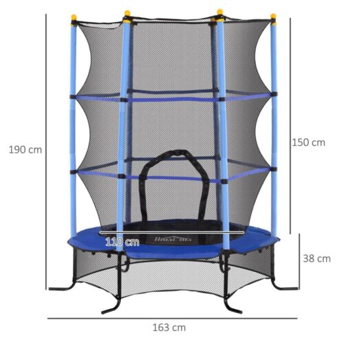 Blå studsmatta för barn med skyddsnät, kantskydd, inomhus/utomhusbruk, 3-10 år, 50 kg kapacitet