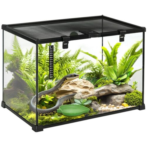 Reptilterrarium i glas med foderlåda och termometer – 50x30x35cm