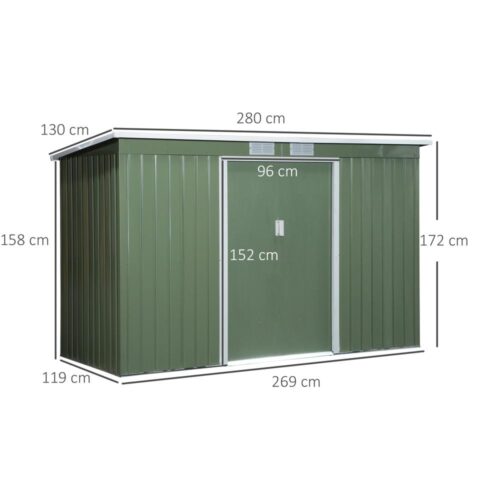 Verktygsskjul i ljusgrönt stål med skjutdörrar, ventilation och förvaring 280x130x172cm