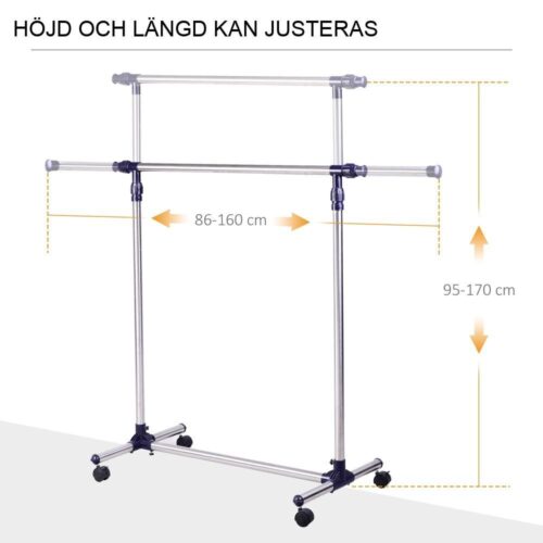 Höjdjusterbar utdragbar klädhängare i rostfritt stål med hjul