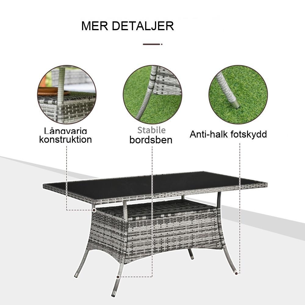 Grått svart polyrotting trädgårdsbord med säkerhetsglas – 150x85cm