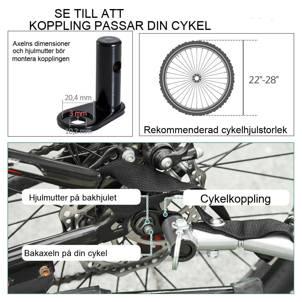 Blå+svart hundcykelvagn, robust stålram, pneumatiska däck, hopfällbara