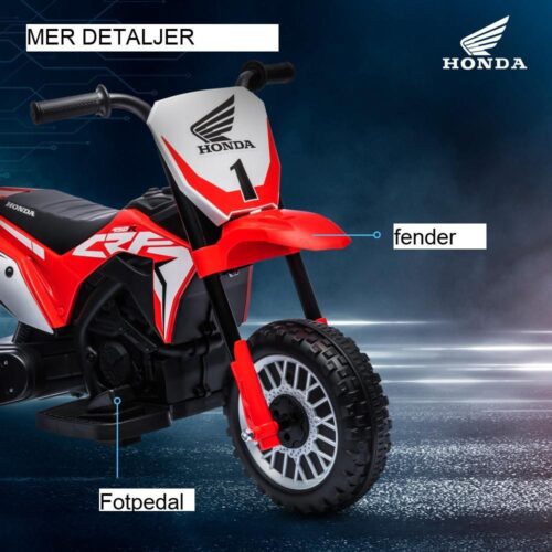 Honda CRF450RL licensierad elektrisk barnmotorcykel, röd, 3 km/h hastighet, horn och musik, åldrarna 1,5-3