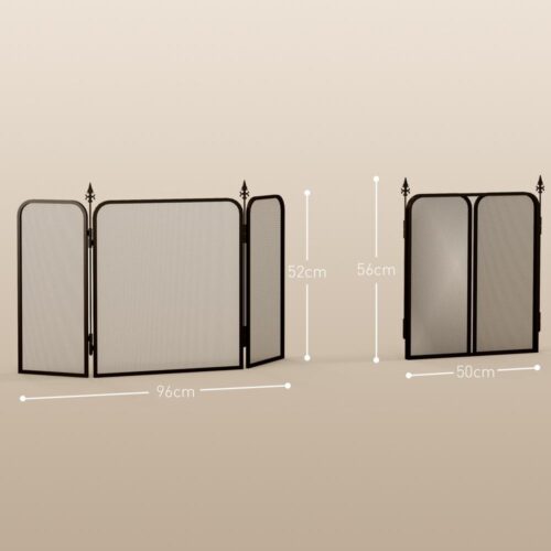 Svart hopfällbart eldstadsskydd, 3-panels gnistskärm, metall, 96 x 56cm