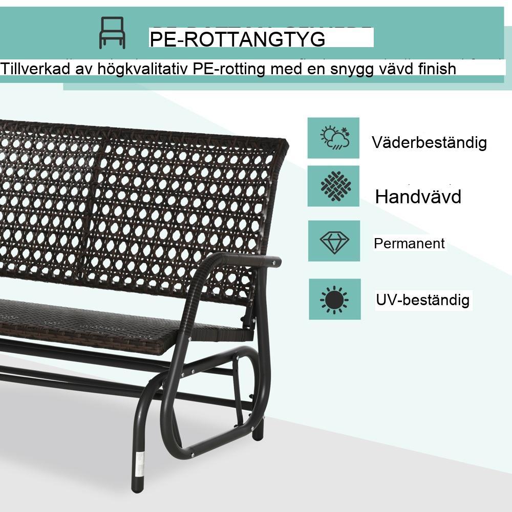 Brun polyrattan svängbänk för två – Uteplats Loveseat med ryggstöd