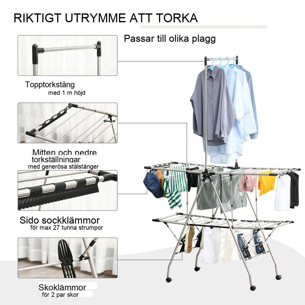 3-lagers hopfällbar torkställning för kläder med teleskopstänger och hjul