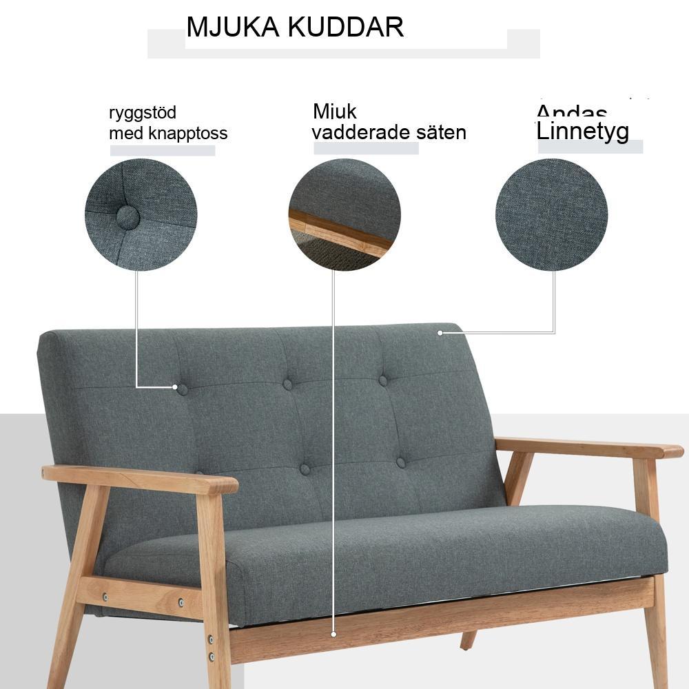 Kompakt grå linne- och gummiträsoffa Loveseat, 2-sits