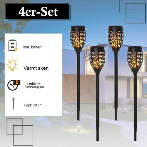 Solar Garden Lights Set med 4 – Varmvitt flimrande LED utomhusdekor IP44 Vattentät 6-8 timmar långvarig svart