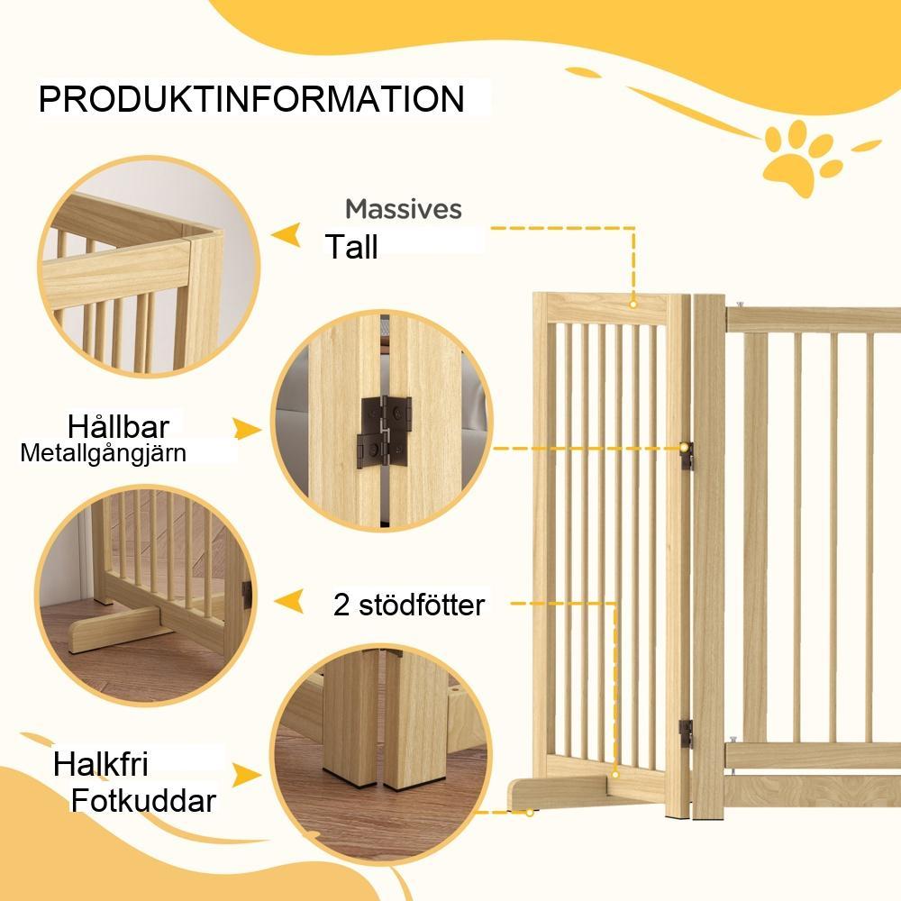Hopfällbar hundgrind i trä med dörr, säkerhetsbarriär för medelstora hundar, 220 x 91 cm