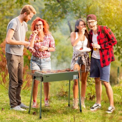 Stor kolgrill med sidokorgar, rostfritt stål och galvaniserad metall för campinggrillar