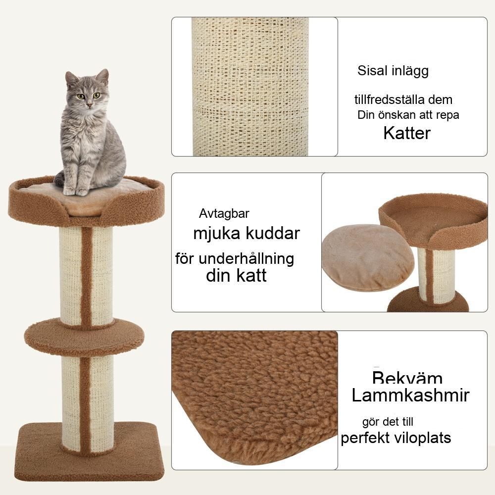 Kattskrapstolpe på flera nivåer med kuddar och sisalstolpar