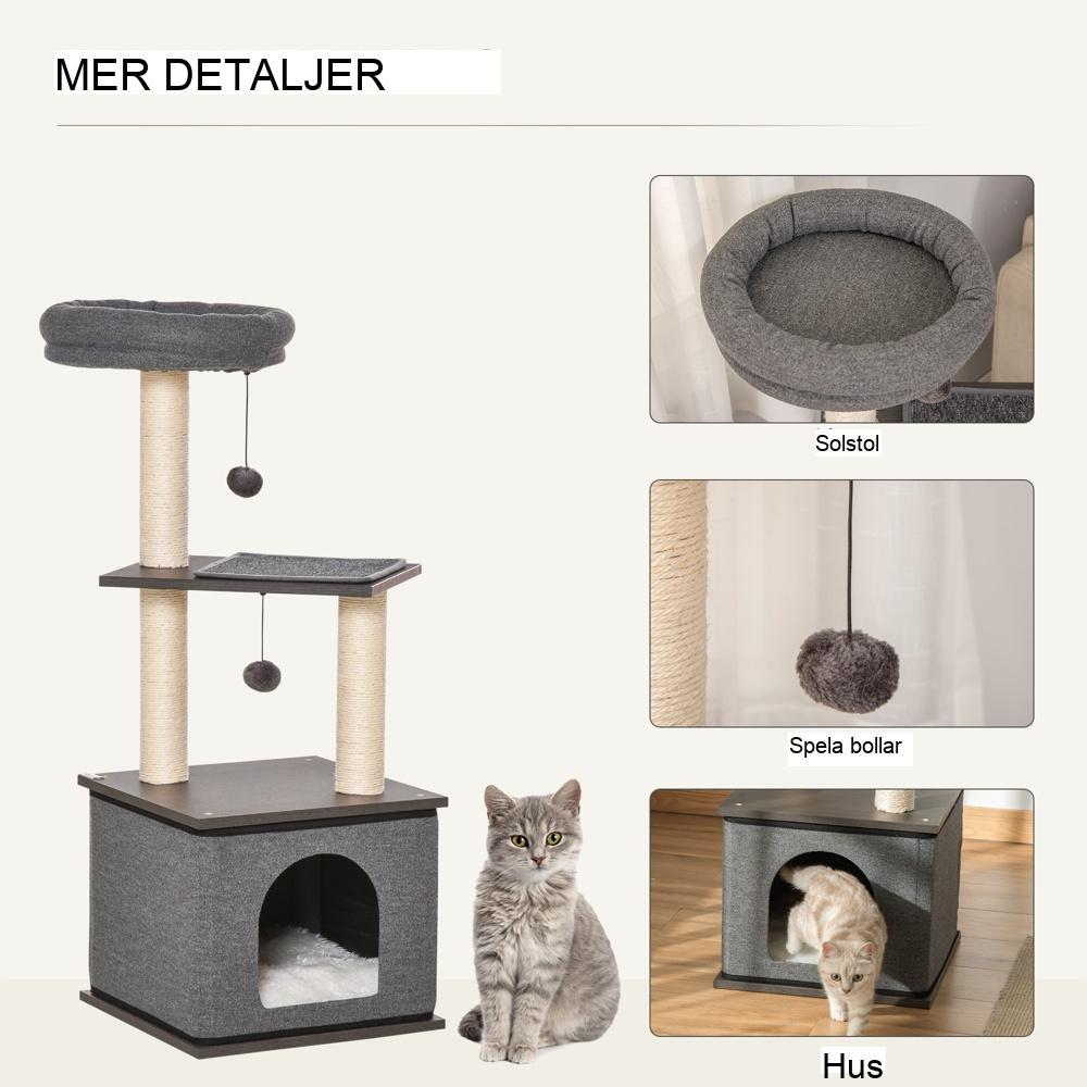 Multi-Level mörkgrå Sisal Cat Scratching Post med lägenhet, bollar och säng