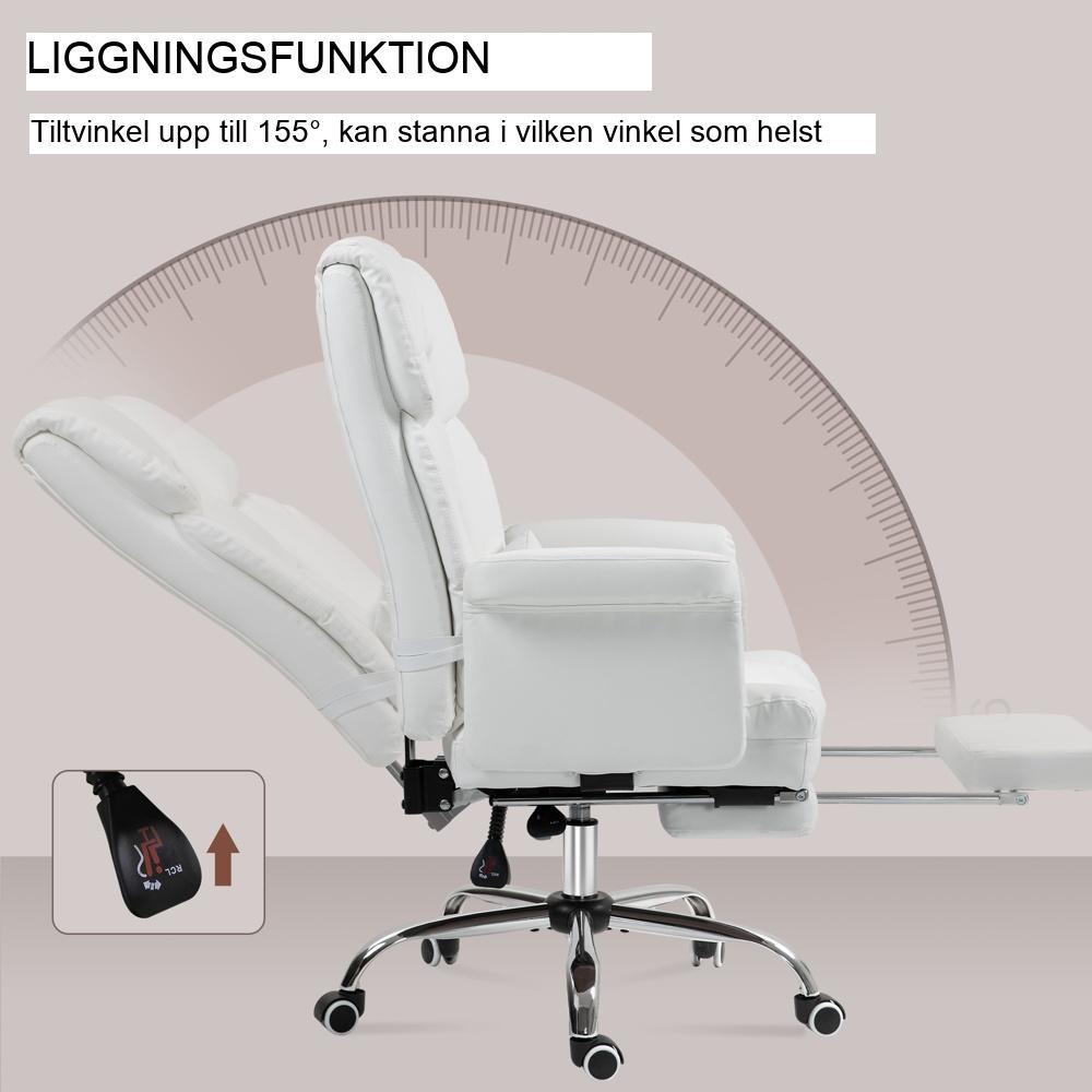 Ergonomisk kontorsstol med liggfunktion, svankstöd och fotstöd – Vit