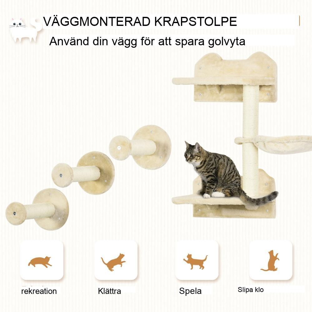 Cat Climbing Tower med hängmatta, skrapstolpar och trappsteg Beige Creme White