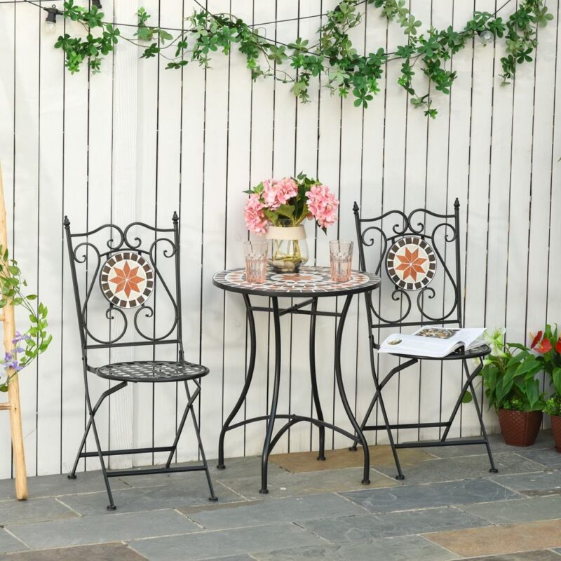 Mosaic Balcony Bistro Set för 2 med hopfällbara stolar och metallbord