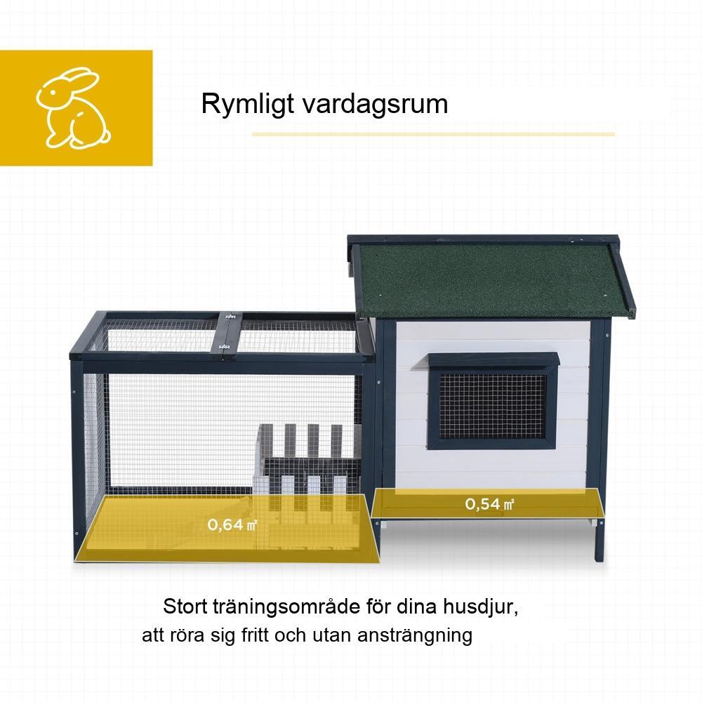 Grön och vit kaninhydda med löpning och ramp, rymligt inomhus- och utomhusutrymme