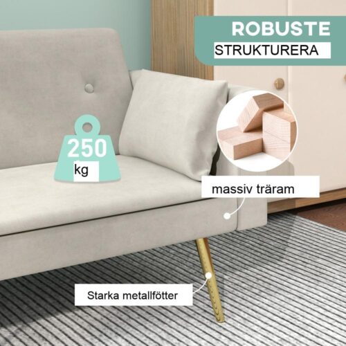 Justerbart ryggstöd Bäddsoffa, Dubbelsäng, Beige Velvet 2-Sits