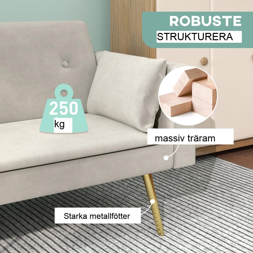 Justerbart ryggstöd Bäddsoffa, Dubbelsäng, Beige Velvet 2-Sits