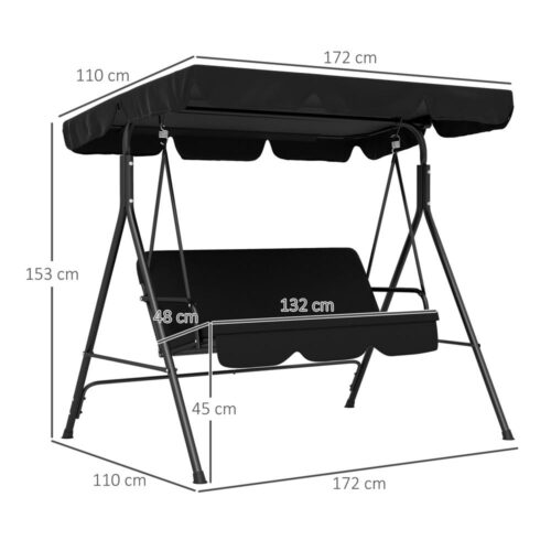 3-sits trädgårdsgunga med justerbart tak, robust stålkonstruktion – svart 172x110x153cm