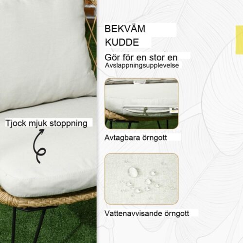 Trädgårdsmöbler i rotting med kuddar – 2 stolar, soffa och soffbord – väderbeständig och elegant