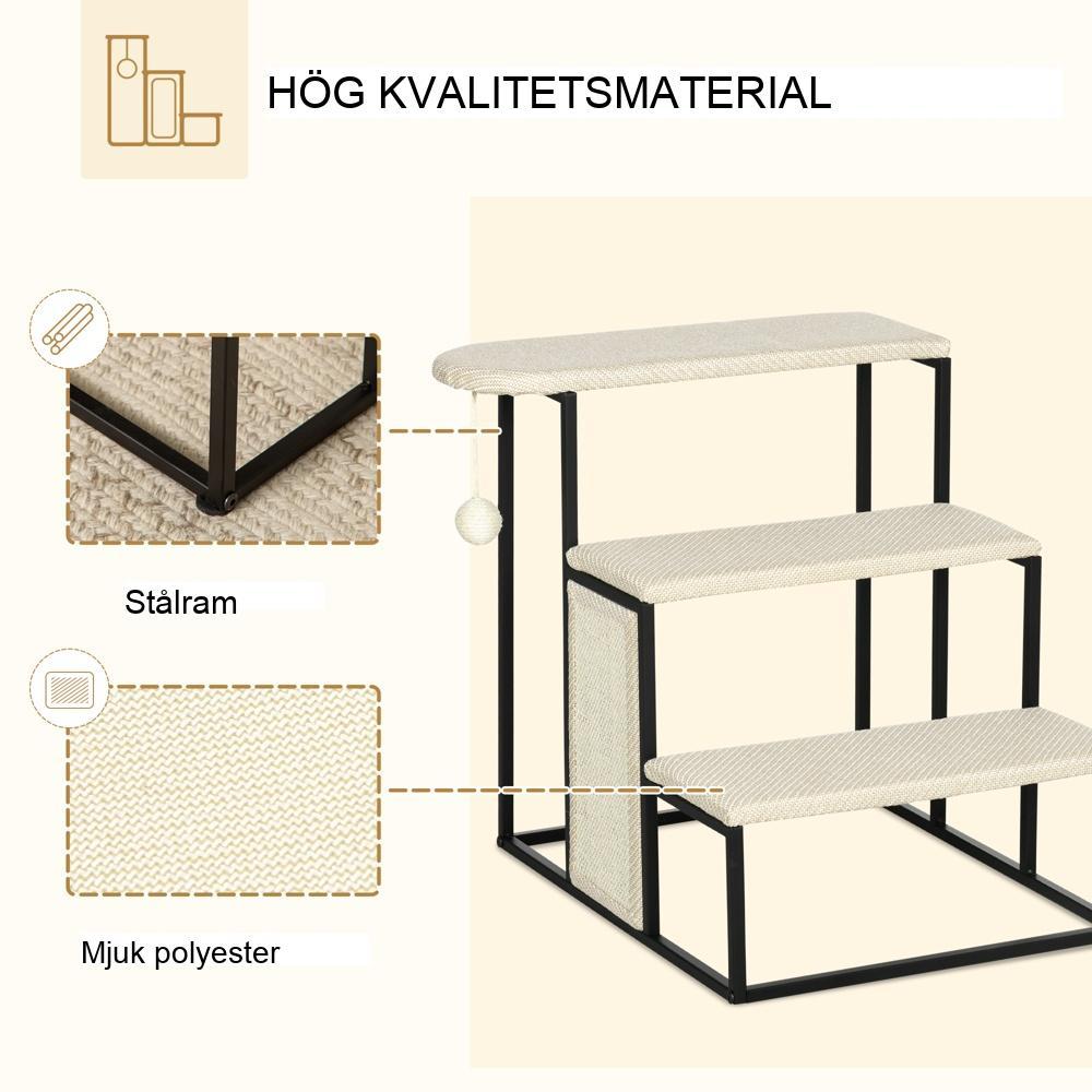 Säker och snygg 3-stegs katt- och hundtrappa med skrapbräda och lekboll
