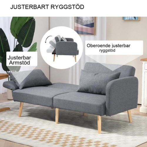 Bäddsoffa i grå linnelook med sovfunktion och justerbart ryggstöd