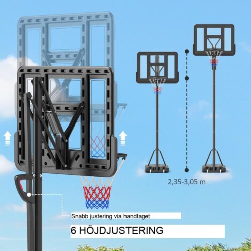 Justerbart stativ för basketbåge, höjd 230-305 cm, splittersäker ryggbräda, hjul