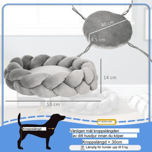 Maskintvättbar hundsäng med kudde, rund kattsäng, grå sammetssäng, 55 cm