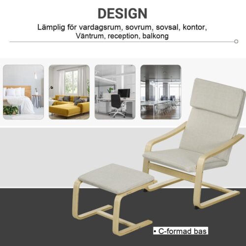 Cream White Linne Lounge Chair Set med pall, armstöd och nackstöd