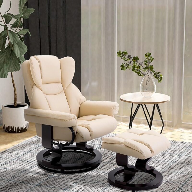 Cream Faux Leather Reclining Swivel Stol med pall Set för vardagsrum