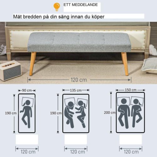 Grå linnelook-knapp tuftad bänk med träben, 120cm